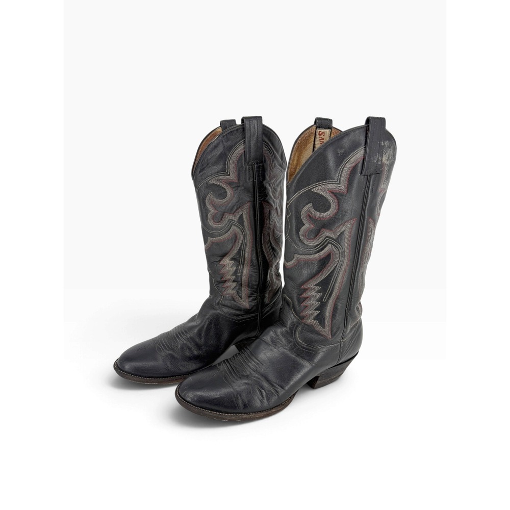 Sanders Black Leather Western Cowboy Boots Mens 9.5  Pointed Toe Stitched VTG